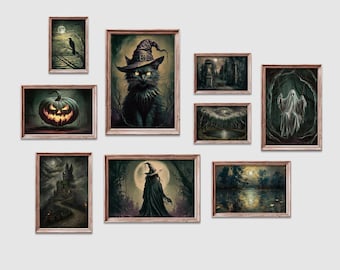 Könnte beinhalten: Eine Sammlung gerahmter Kunstdrucke mit Halloween-Motiven. Die Drucke zeigen Bilder einer schwarzen Katze mit Hexenhut, eines Kürbisses, eines Spukschlosses, eines Geistes und anderer gruseliger Szenen. Die Wörter "DIGITALER DOWNLOAD" und "ARTISTIC ROAM" sind sichtbar.