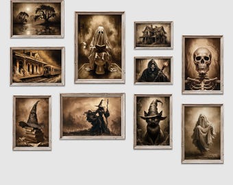 May include: A set of 10 digital printable Halloween art prints featuring spooky and whimsical images. The prints include a ghost sitting on a toilet, a black cat wearing a witch's hat, a skeleton, a witch with a staff, a haunted house, a train station, and more.