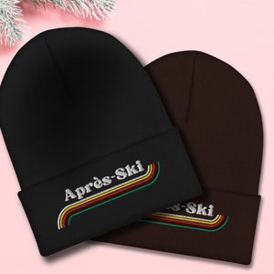 Embroidered Retro Apres Ski Cuffed Beanie, Skiing Knit Winter Hat with Embroidery, Cute Apres-Ski Vintage 70&#39;s Style Beanie Cap