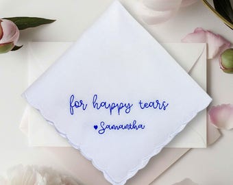 Personalized Wedding Handkerchief: Embroidered Scalloped Keepsake - "For Happy Tears"