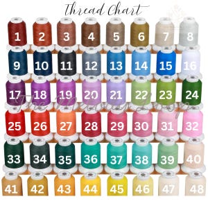 May include: A thread chart with 48 spools of thread in various colors, numbered 1 through 48. The text "Thread Chart" is at the top. Each spool is on a white base.