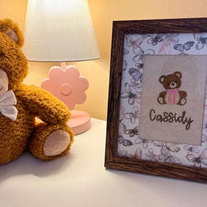 Custom Embroidered Baby Name with Teddy Bear - Nursery Wall Art with Customizable Mat | Newborn Keepsake | Baby Shower Gift