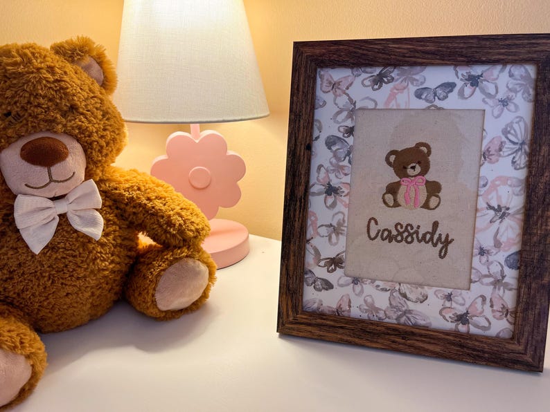 Custom Embroidered Baby Name with Teddy Bear - Nursery Wall Art with Customizable Mat | Newborn Keepsake | Baby Shower Gift