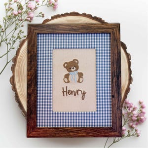 Custom Embroidered Baby Name with Teddy Bear - Nursery Wall Art with Customizable Mat | Newborn Keepsake | Baby Shower Gift