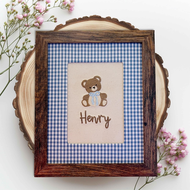 Custom Embroidered Baby Name with Teddy Bear - Nursery Wall Art with Customizable Mat | Newborn Keepsake | Baby Shower Gift