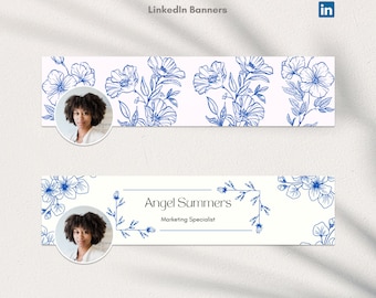 May include: LinkedIn banner template with a blue floral design and a headshot of a person. The text "Angel Summers, Marketing Specialist" is included in the banner.