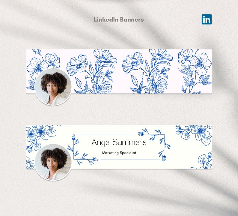 Puede incluir: Plantilla de banner de LinkedIn con un dise&ntilde;o floral azul y una foto de una persona. El texto "Angel Summers, Marketing Specialist" est&aacute; incluido en la pancarta.