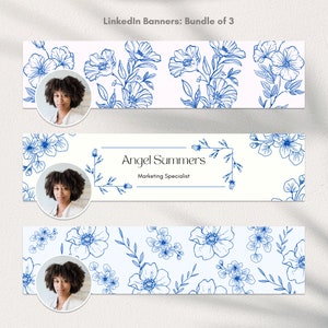 Puede incluir: Tres plantillas de banner de LinkedIn con un patr&oacute;n floral azul y una foto de una persona. El banner del medio incluye el texto "Angel Summers, Marketing Specialist".