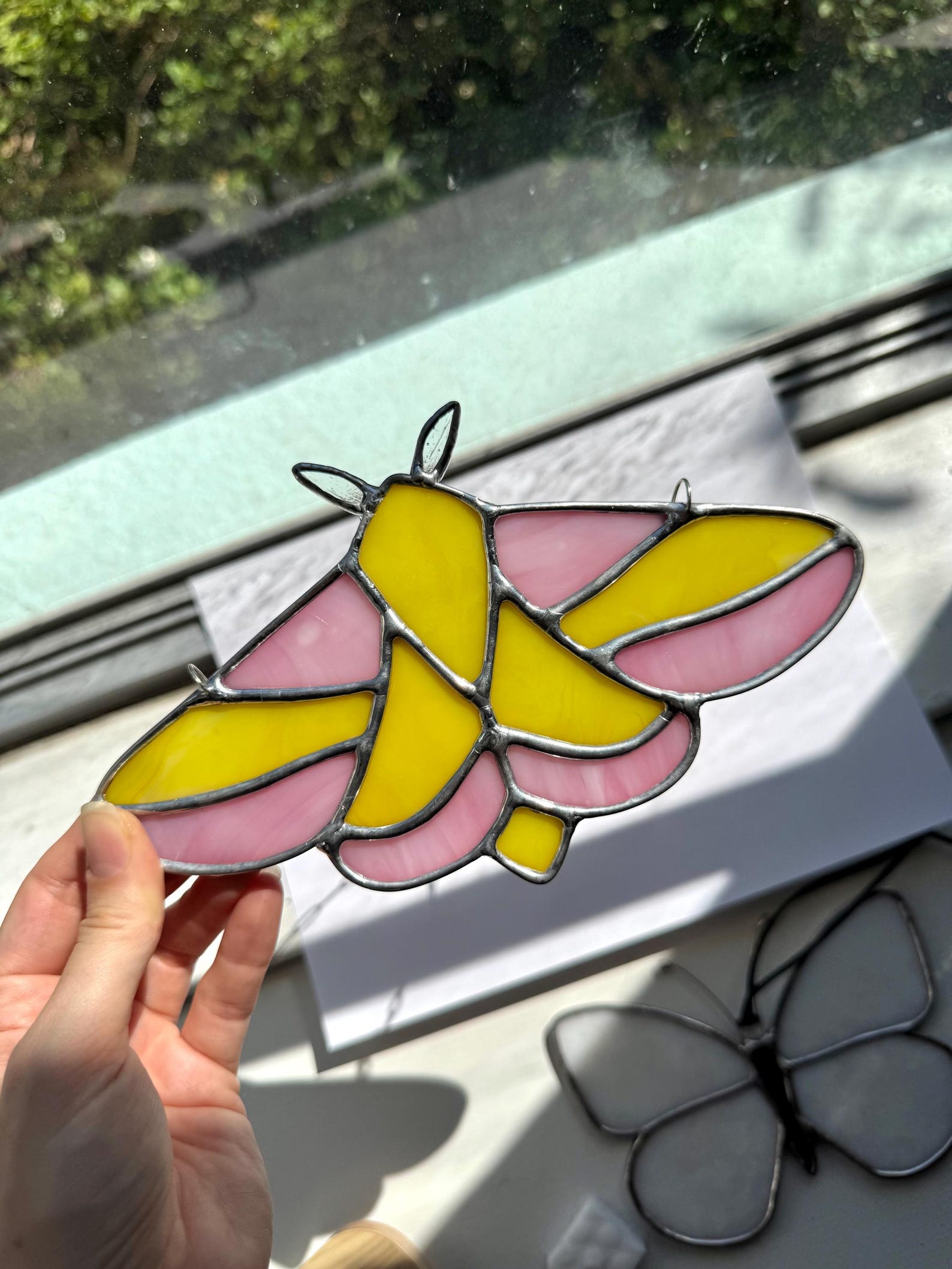 Rosy Maple Moth Stained Glass - Handmade Glass Art - Window Suncatcher ...