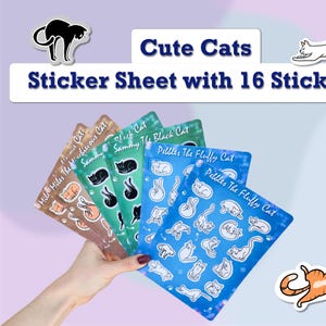 1 feuille d'autocollants avec 16 autocollants, autocollants de chat mignon, différentes couleurs