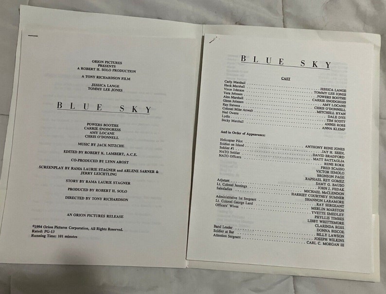 Blue Sky Press Kit – 1994 – Tommy Lee Jones Jessica Lange Chris O ...