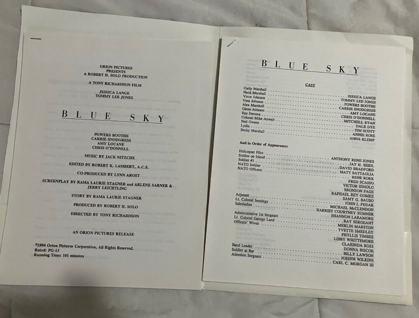 Blue Sky Press Kit – 1994 – Tommy Lee Jones Jessica Lange Chris O ...