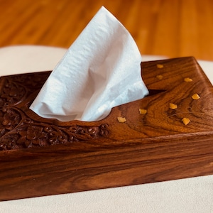 Custom Hand Carved Wooden Tissue Box | Tissue Holder | In-Laid Brass Details | Rustic Elegance | Home Decor
