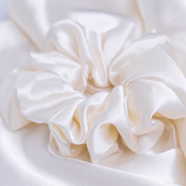 IVORY Silk Satin Scrunchies Hair Ties | Bridesmaid Gift | 100% Handmade | Jumbo Scrunchies | Made in USA