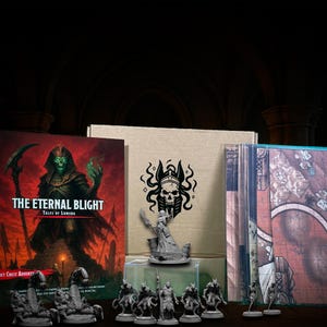 May include: A tabletop role-playing game set. The image shows a box with a skull design, a game book titled "The Eternal Blight", miniature figures, and game maps. The box and book have a dark colour scheme with red and green accents.