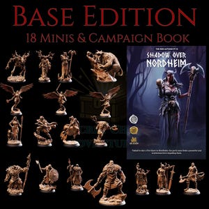 May include: A collection of 18 miniature figurines and a campaign book. The text "BASE EDITION" and "18 MINIS & CAMPAIGN BOOK" are displayed at the top. The book cover art features a woman with a skull and staff, with the title "SHADOW OVER NORDHEIM".