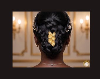 This piece serves as a statement focal point, contrasting with the smooth hair of the bride to create a sophisticated and elegant look.