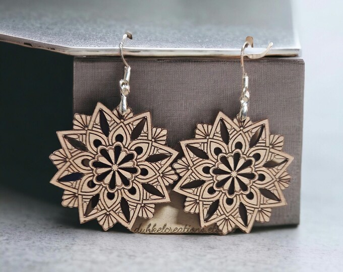 Dangle Earrings - Wooden Mandalas  - Laser Cut Bohemian Jewelry - Handcrafted Geometric Gift