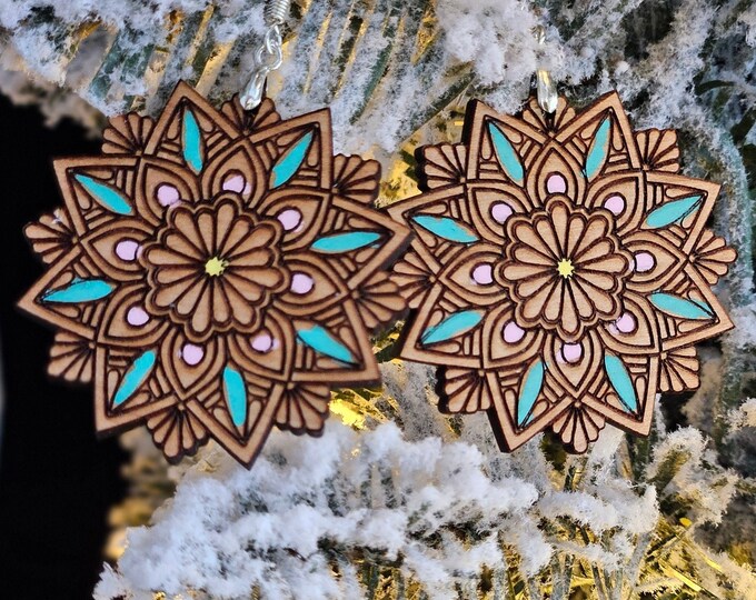 Dangle Earrings - Painted Wooden Mandala  - Handcrafted Laser Cut Bohemian Jewelry Gift