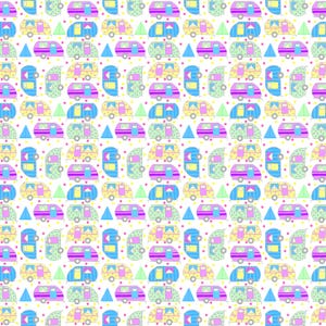 Könnte beinhalten: Ein sich wiederholendes Muster aus bunten Wohnwagen, Zelten und Punkten auf weißem Hintergrund. Die Wohnwagen sind in Gelb-, Blau-, Grün- und Lilatönen gehalten. Die Zelte sind grün und die Punkte sind gelb und rosa.