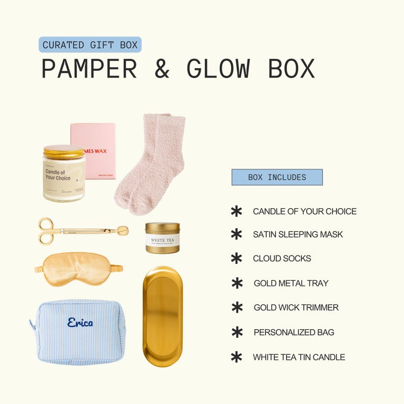 The image is a curated gift box containing various beauty and personal care items, including a candle, a satin sleeping mask, a pair of gold socks, a gold metal tray, a gold wick trimmer, a personalized bag, and a white tea tin candle.