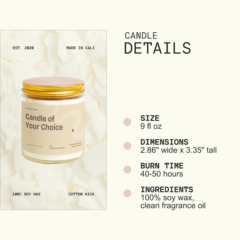 The image is a candle advertisement with details about the candle's size, dimensions, burn time, and ingredients.
