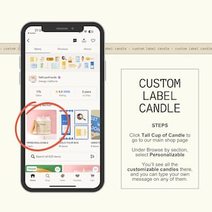 a smartphone screen with a candle app interface, featuring a search for a personalized candle. The phone screen also includes a step-by-step guide on how to customize a candle, with a list of instructions and a button for selecting a personalized candle.