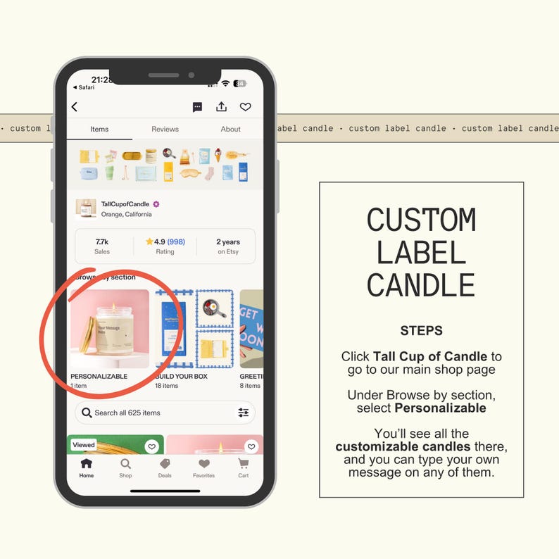 a smartphone screen with a candle app interface, featuring a search for a personalized candle. The phone screen also includes a step-by-step guide on how to customize a candle, with a list of instructions and a button for selecting a personalized candle.