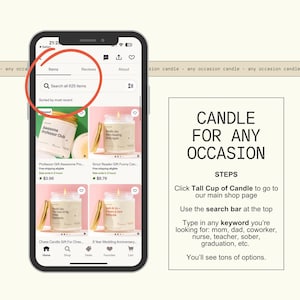 a smartphone screen with a search bar for a candle store, along with a list of candle options and a step-by-step guide on how to use the search bar to find candles for any occasion.