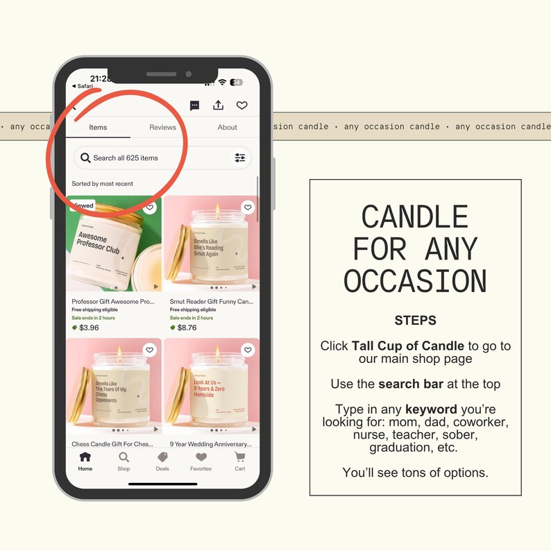 a smartphone screen with a search bar for a candle store, along with a list of candle options and a step-by-step guide on how to use the search bar to find candles for any occasion.