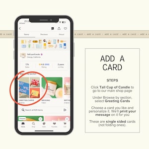 a smartphone displaying a card shopping app interface, with a red circle highlighting a greeting card. The app interface includes various sections for browsing, adding cards, and selecting greeting cards.