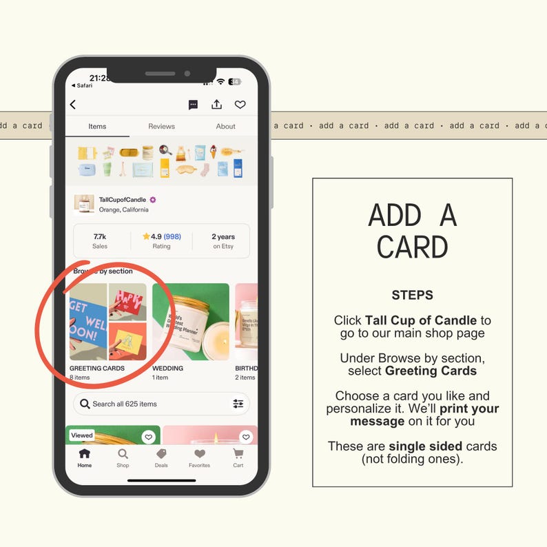 a smartphone displaying a card shopping app interface, with a red circle highlighting a greeting card. The app interface includes various sections for browsing, adding cards, and selecting greeting cards.