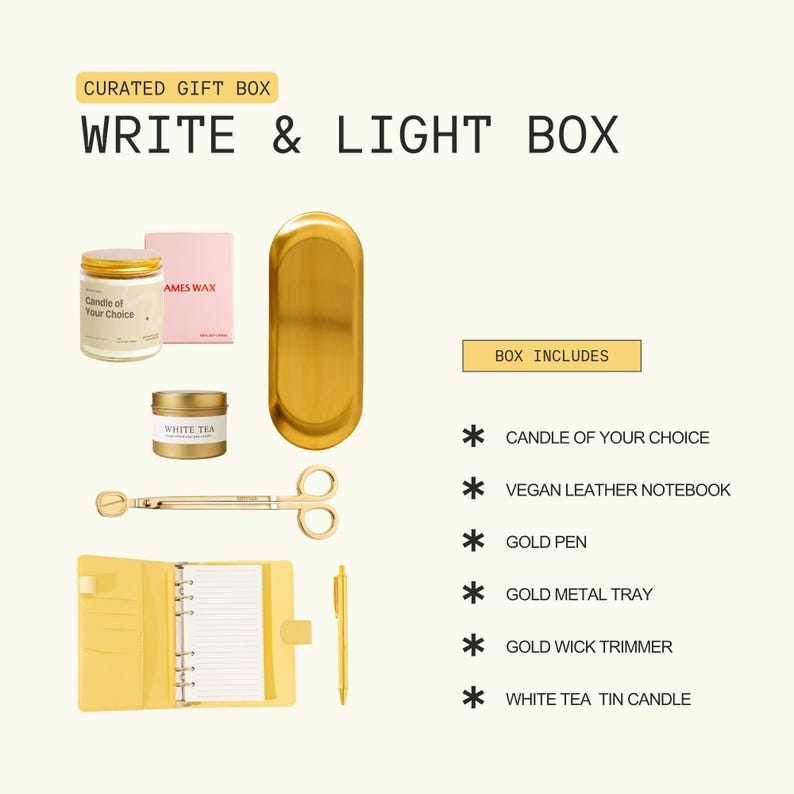 a curated gift box containing various items such as a candle, a notebook, a pen, a pair of scissors, and a tin candle.