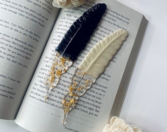 Feather Resin Bookmark - Black and Gold Feather Resin Bookmark - White and Gold Feather Resin Bookmark - Handmade Bookmark - Handmade Gift