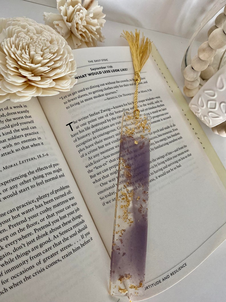 Handmade Resin Bookmark Lilac Gold leaf Bookmark Book Lover Gift Reading Bookmark image 6