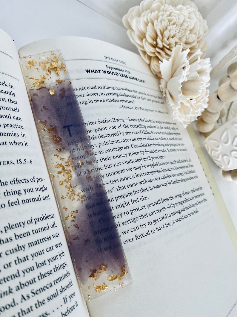 Handmade Resin Bookmark Lilac Gold leaf Bookmark Book Lover Gift Reading Bookmark image 3