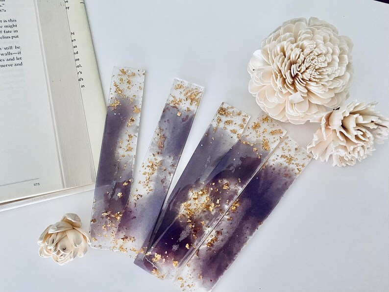 Handmade Resin Bookmark Lilac Gold leaf Bookmark Book Lover Gift Reading Bookmark image 4