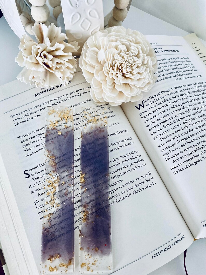 Handmade Resin Bookmark Lilac Gold leaf Bookmark Book Lover Gift Reading Bookmark image 1