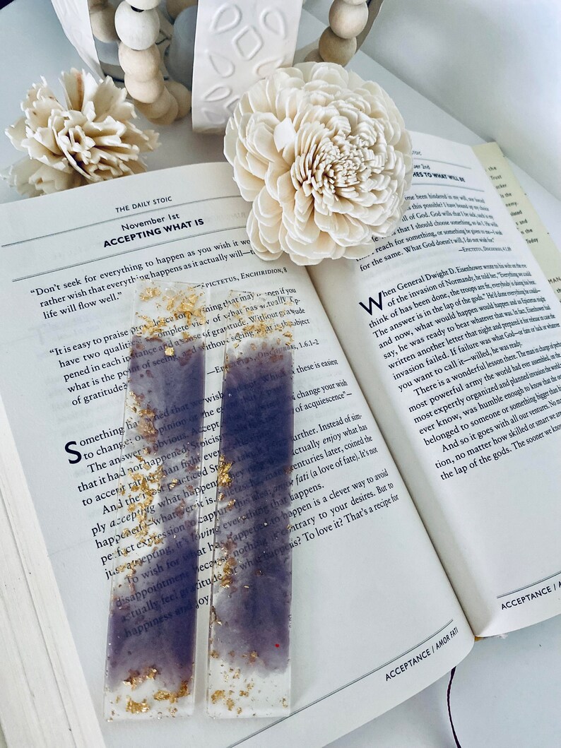 Handmade Resin Bookmark Lilac Gold leaf Bookmark Book Lover Gift Reading Bookmark image 5