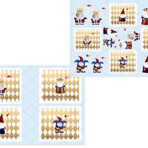 May include: Four printable square cards with gold and white diamond patterns. Each card features a cartoon character with a quote. The first card shows a king with a crown and a red and blue robe holding a scepter and a fish. The quote is "Think for yourself". The second card shows a king with a crown and a red and blue robe holding a scepter and a fish. The quote is "I choose what I become". The third card shows a jester with a red and blue hat and a red and blue costume holding a scepter and a fish. The quote is "If you never try, you'll never know". The fourth card shows a jester with a red and blue hat and a red and blue costume holding a scepter and a fish. The quote is "Never is a very long time".