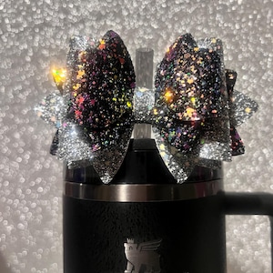 Iridescent Black & Deep Gray Glitter Stanley Cup Straw Bow