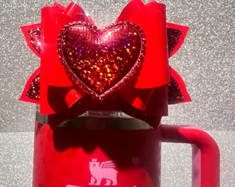 Cuore olografico rosso glitterato Stanley Cup con fiocco per cannuccia