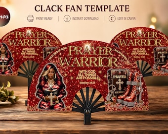 May include: Three semicircular clack fan templates featuring a red glitter background with gold text reading PRAYER WARRIOR and WITH GOD ALL THINGS ARE POSSIBLE. Each fan displays an illustration of a person holding a cross and a Bible.