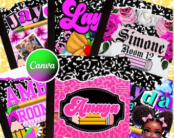 May include: A collection of composition notebook templates with personalized names and designs. The notebooks feature a black and white speckled pattern, with pink, yellow, and floral accents. The text "COMPOSITION NOTEBOOK TEMPLATE" is at the top.