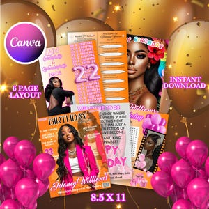 May include: A birthday magazine template with a pink and gold theme. The design includes magazine covers, balloons, and the text "Birthday Magazine Template." The template is 8.5 x 11 inches and fully editable.
