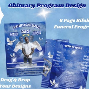 Memorial Program, 8.5&quot;x11&quot; BOOKLET 6 Pages, Blue Funeral Program, Celebration of Life, Keepstakes Obituary Program, In Loving Memory, Death