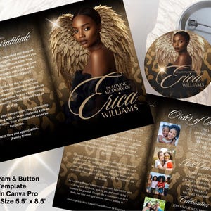 May include: A memorial program and button template featuring a portrait of a woman with angel wings. The program is black and gold with the text "In Loving Memory of Erica Williams". The button has the same image.