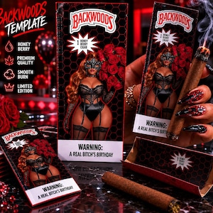 May include: Image of Backwoods Honey Berry cigar packaging. The packaging features a woman in lingerie with roses. Text on the packaging includes "Honey Berry Cigar" and "Warning: A Real Bitch's Birthday."