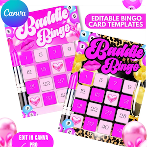 Może przedstawiać: R&oacute;żowe i białe szablony kart do bingo "Baddie" z grafiką szminki i serca. Karty mają numery i są otoczone r&oacute;żowymi balonami i kulkami do bingo. Tekst zawiera "Edit in Canva Pro".
