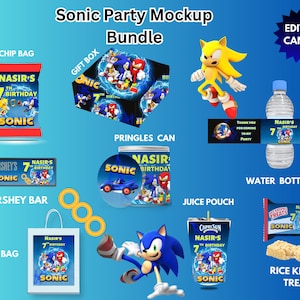 May include: A Sonic the Hedgehog party favor bundle with a blue and red chip bag, a blue and red gift box, a blue and red Pringles can, a blue and red water bottle label, a blue and red juice pouch, a blue and red rice krispy treat wrapper, and a blue and red Hershey bar wrapper. The bundle is perfect for a Sonic the Hedgehog themed birthday party.